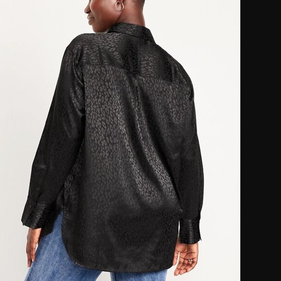 OLD NAVY Blouse Plus Size 2X Black Satin Leopard Long Sleeve Buttonup Shirt NWOT - Picture 4 of 11